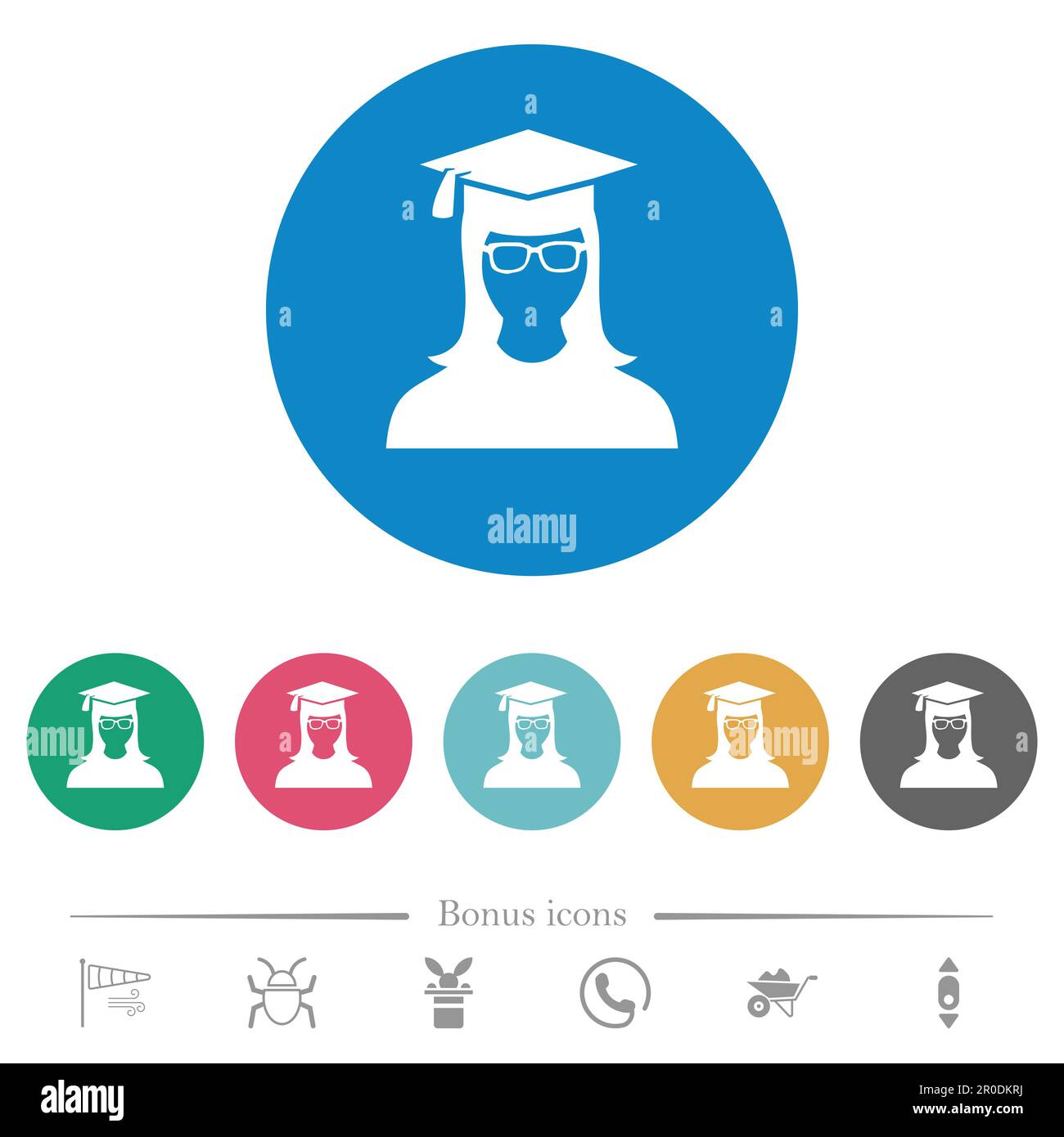 Graduate female avatar flat white icons on round color backgrounds. 6 ...