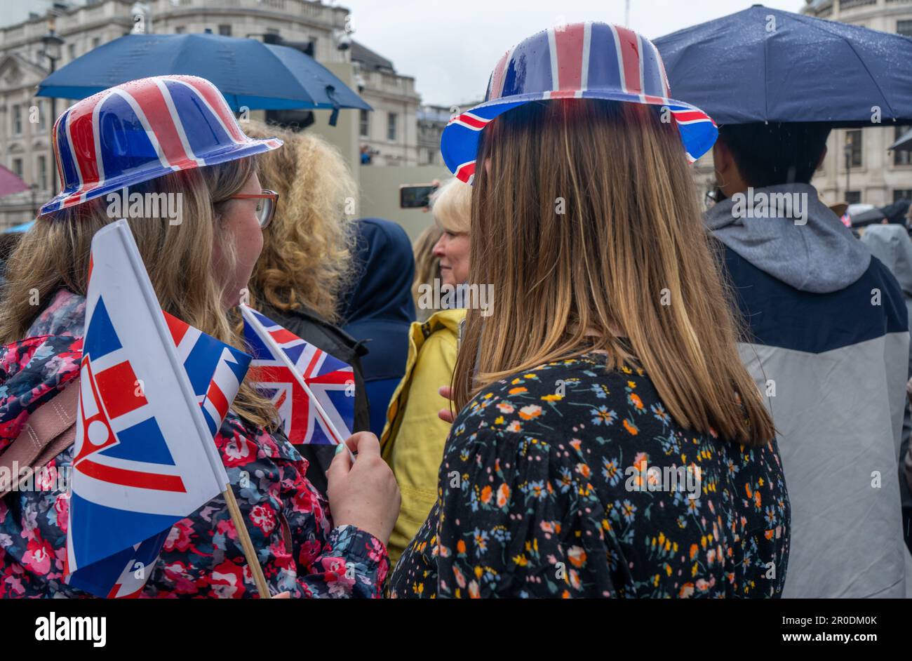 Royalist and anti-monarchist protestors gather at Trafalgar Square during the coronation of King Charles III in London,England,UK Stock Photo