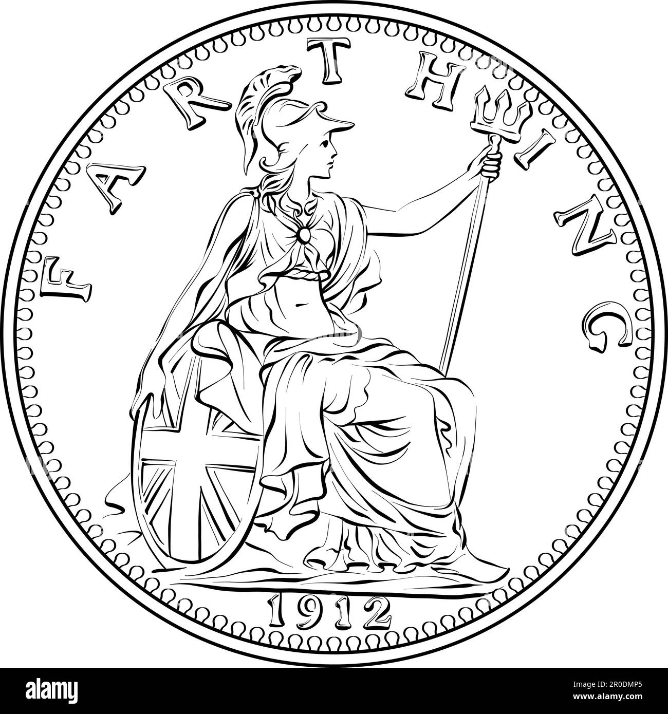 Vector money coin British farthing, Britannia on reverse. Black and white Stock Vector