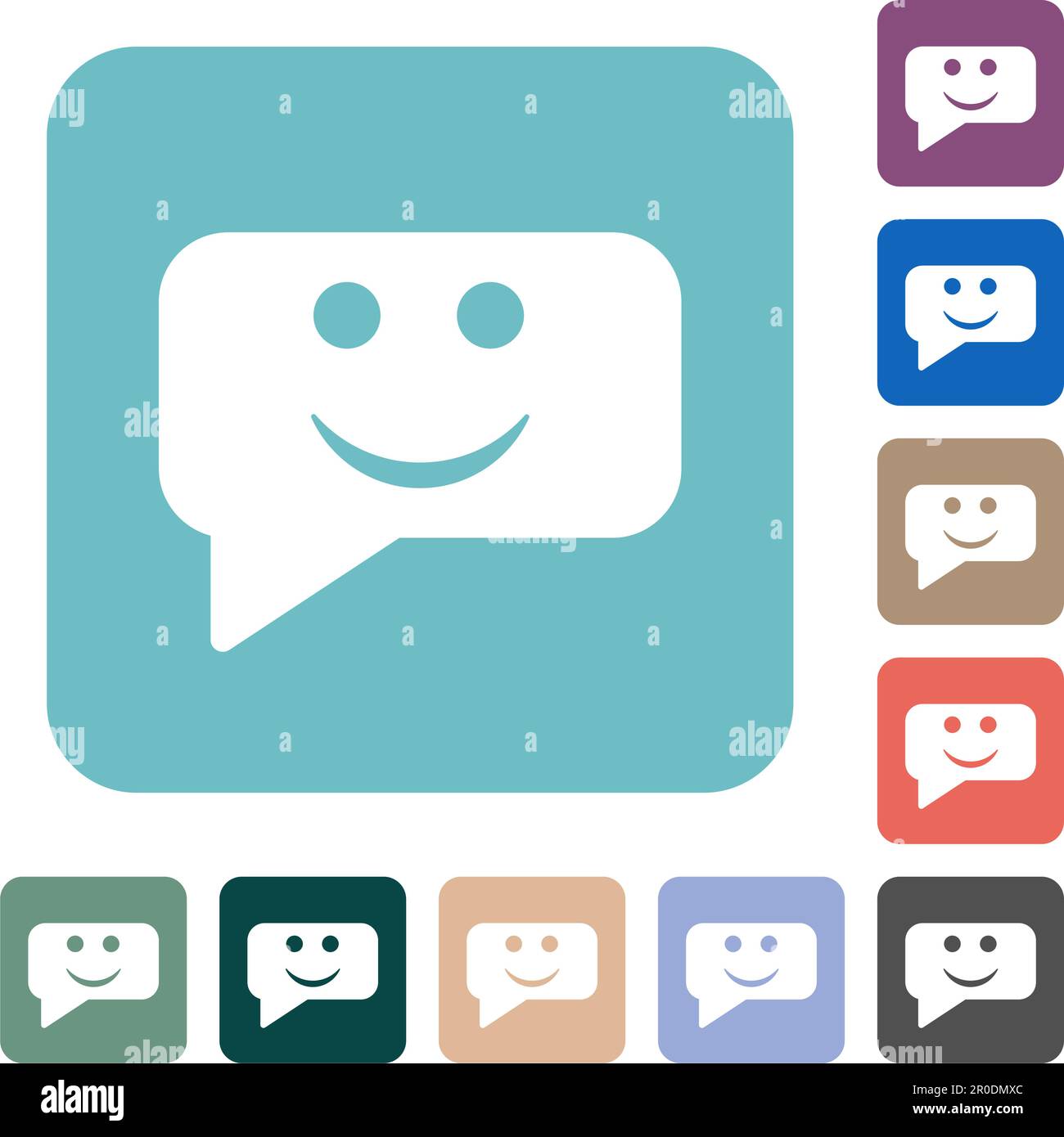 Rounded square smiling chat bubble solid white flat icons on color rounded square backgrounds Stock Vector