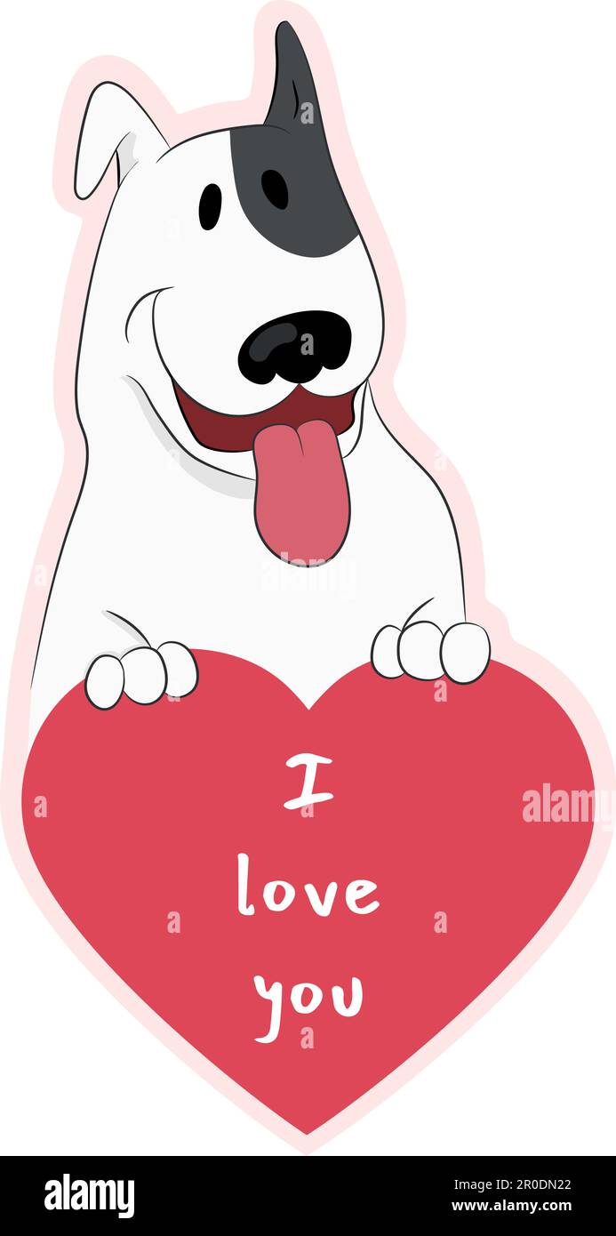 Happy cartoon bull terrier dog is holding a heart with text I love you. Cute dog in love sticker. Isolated on white. Hand drawn vector art Stock Vector