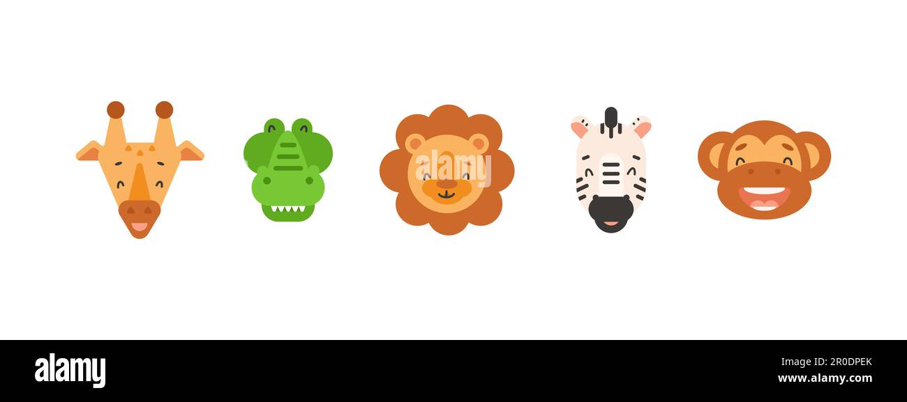 African animals head. Vector cartoon illustration. Isolated on white