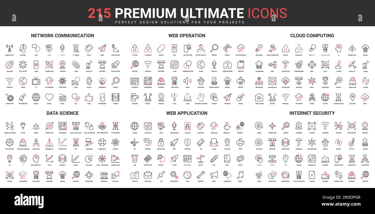 Web network communication, internet application security, science data thin line red black icons set vector illustration. Abstract symbols cloud computing operations, simple design mobile, web apps Stock Vector