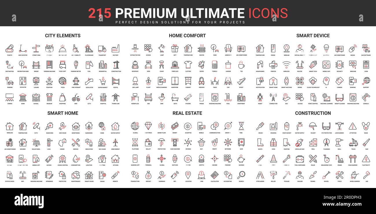 City construction, smart home thin line red black icons set vector ...