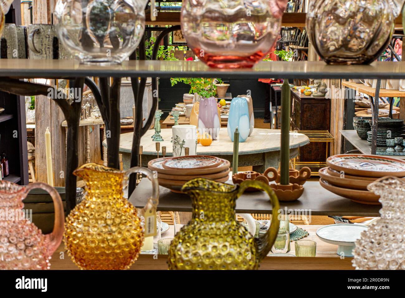 Glassesware for sale on display at Petersham Nursuries Stock Photo