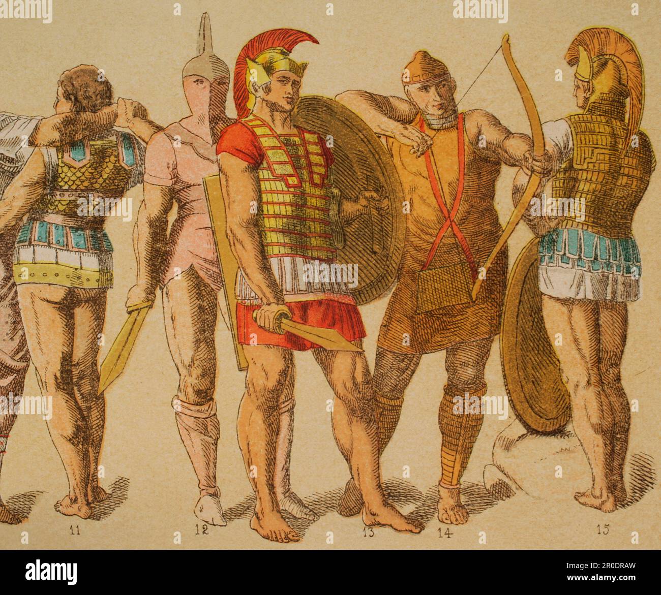 Etruscans. From left to right: 11,12 and 13- Etruscan armour, 14- leather garments with bronze shield, 15- Etruscan armour. Chromolithography. 'Historia Universal', by César Cantú. Volume II, 1881. Stock Photo