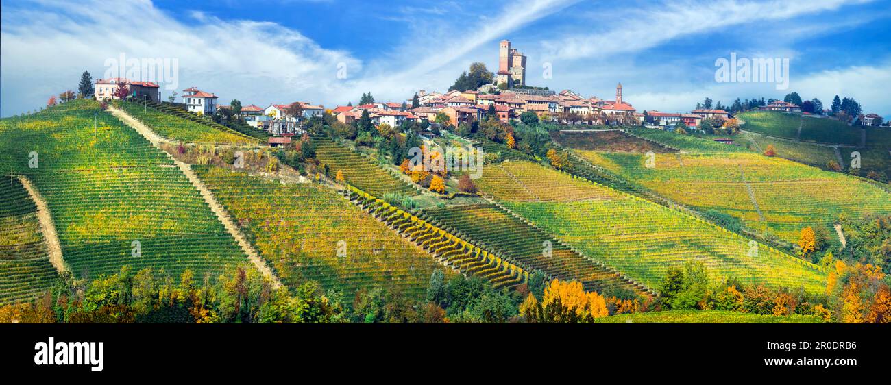 Autumn scenery. Serralunga d'alba village in Piemonte (Piedmont) with vast fields of vineyards. famous wine region of Italy Stock Photo