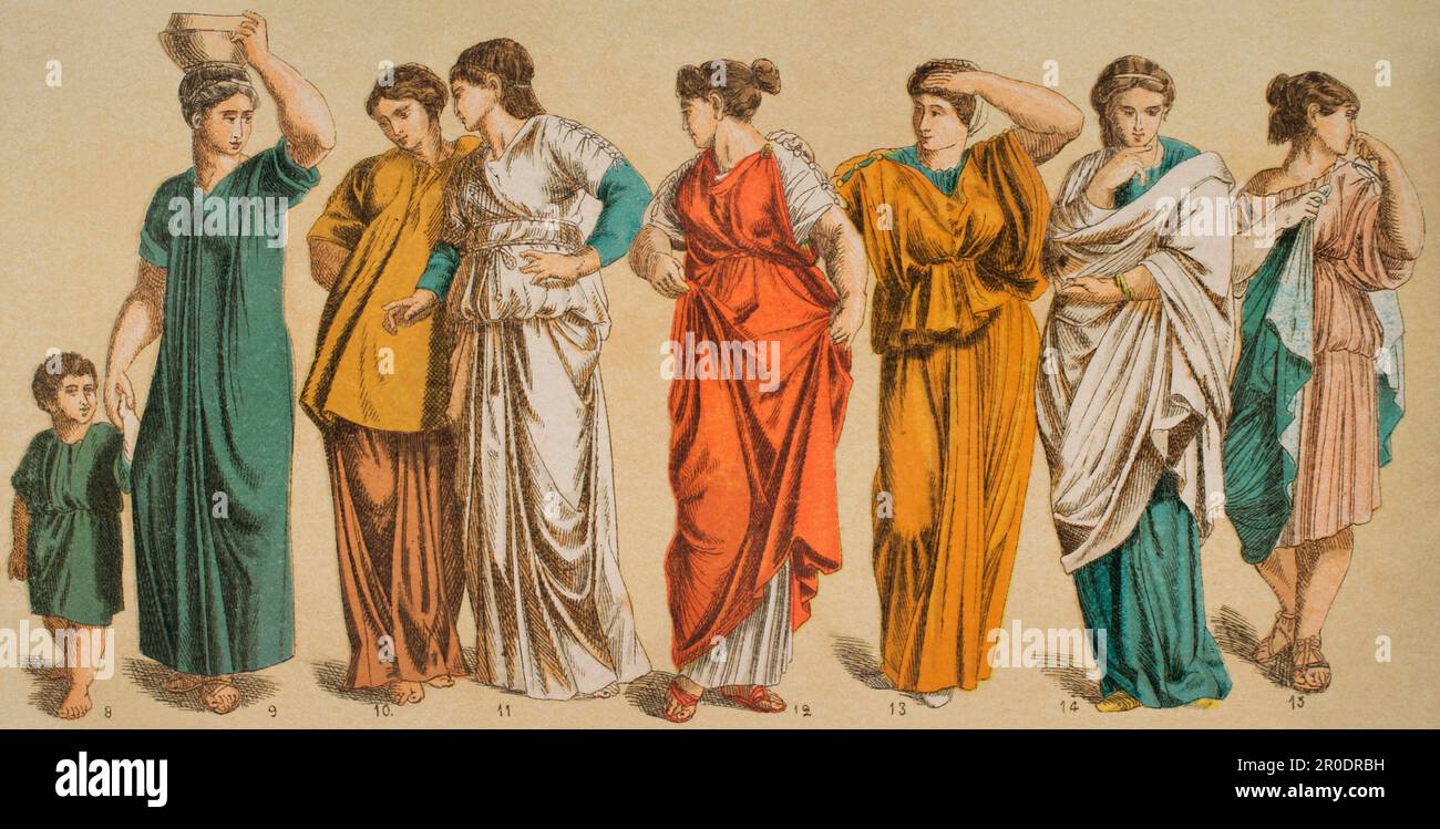 Roman Age. Costume. From left to right: 8- Boy in short-sleeved tunic, 9- Roman inner tunic, 10- Roman jacket for young people, 11- Roman woman's stole, 12- Roman woman's tunic, 13, 14 and 15- Roman women's coats. Chromolithography. 'Historia Universal' by César Cantú. Volume II, 1881. Stock Photo