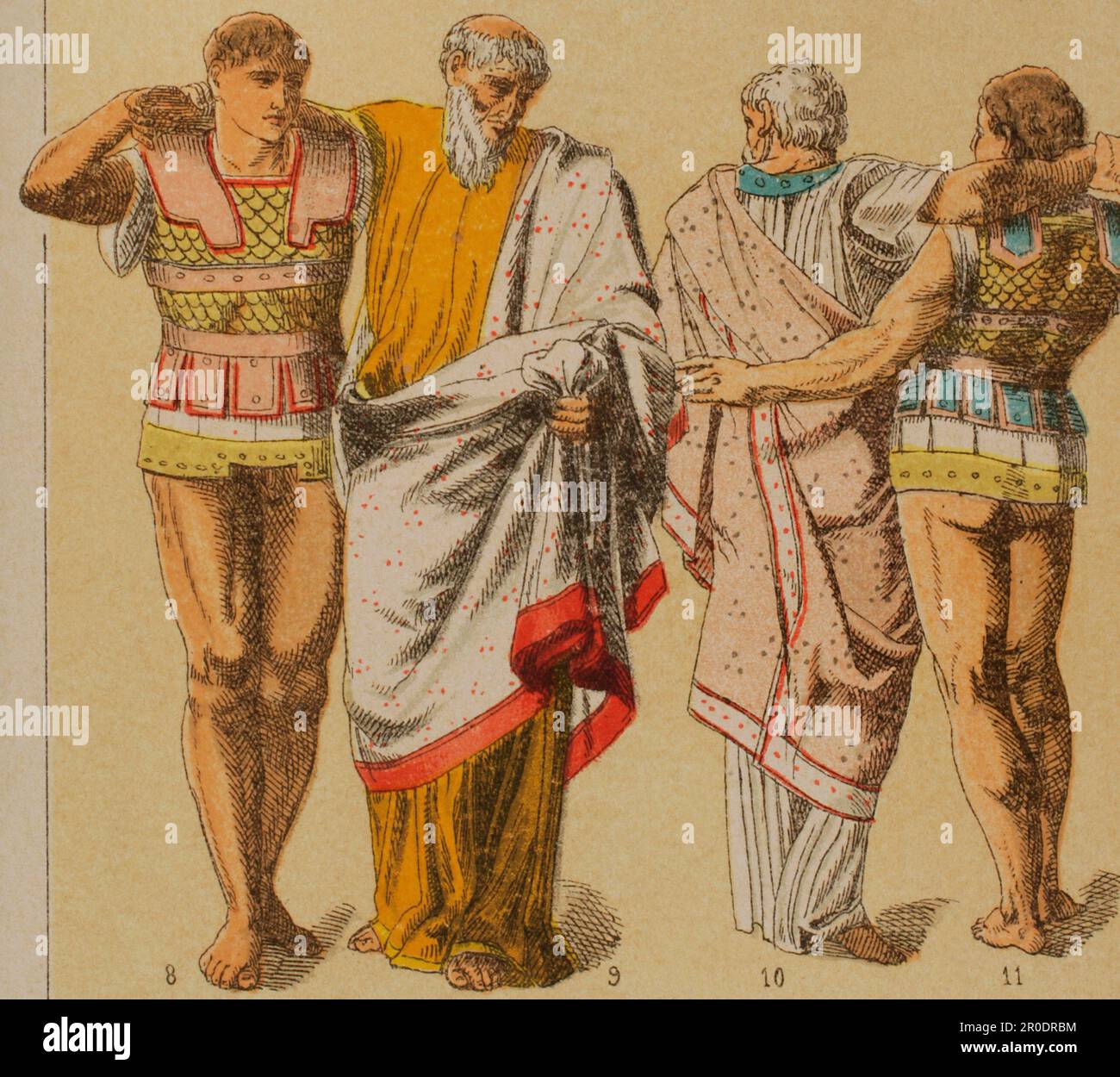 Etruscans. From left to right: 8- Etruscan armour, 9 and 10: chiton, 11- Etruscan armour. Chromolithography. 'Historia Universal' by César Cantú. Volume II, 1881. Stock Photo