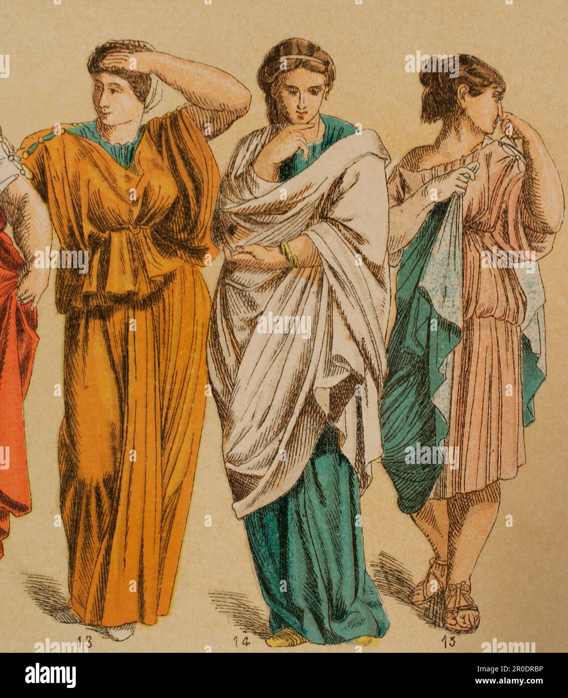 Roman Age. Costume. Roman women's coats. Chromolithography. 'Historia Universal' by César Cantú. Volume II, 1881. Stock Photo