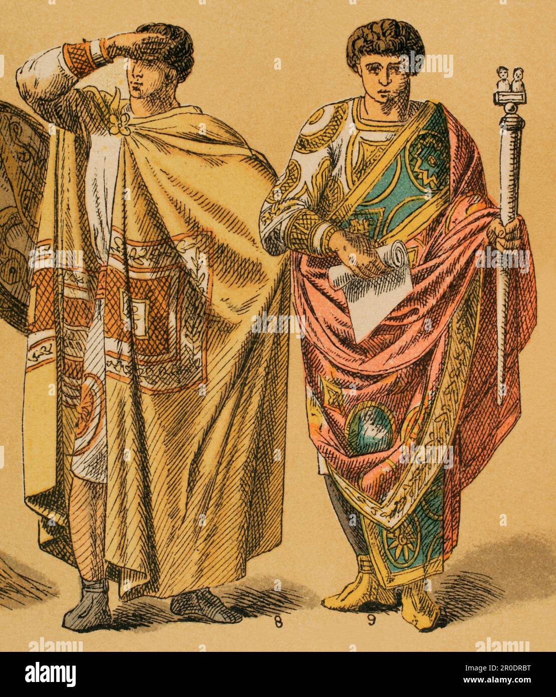 Roman Age. From left to right: 8- high-ranking Byzantine costume, 9- emperor's costume since Domitian. Chromolithography. 'Historia Universal', by César Cantú. Volume II, 1881. Stock Photo