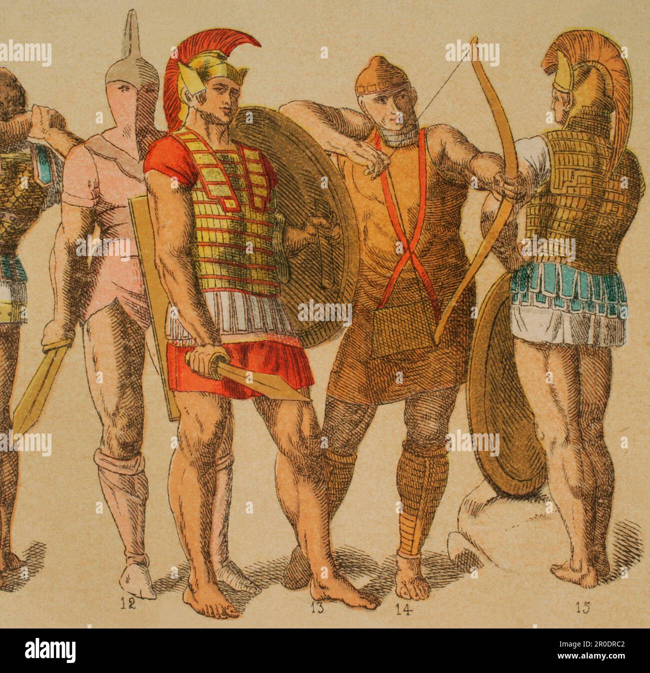 Etruscans. From left to right: 10- chiton, 11,12 and 13- Etruscan armour, 14- leather garments with bronze shield, 15- Etruscan armour. Chromolithography. 'Historia Universal', by César Cantú. Volume II, 1881. Stock Photo