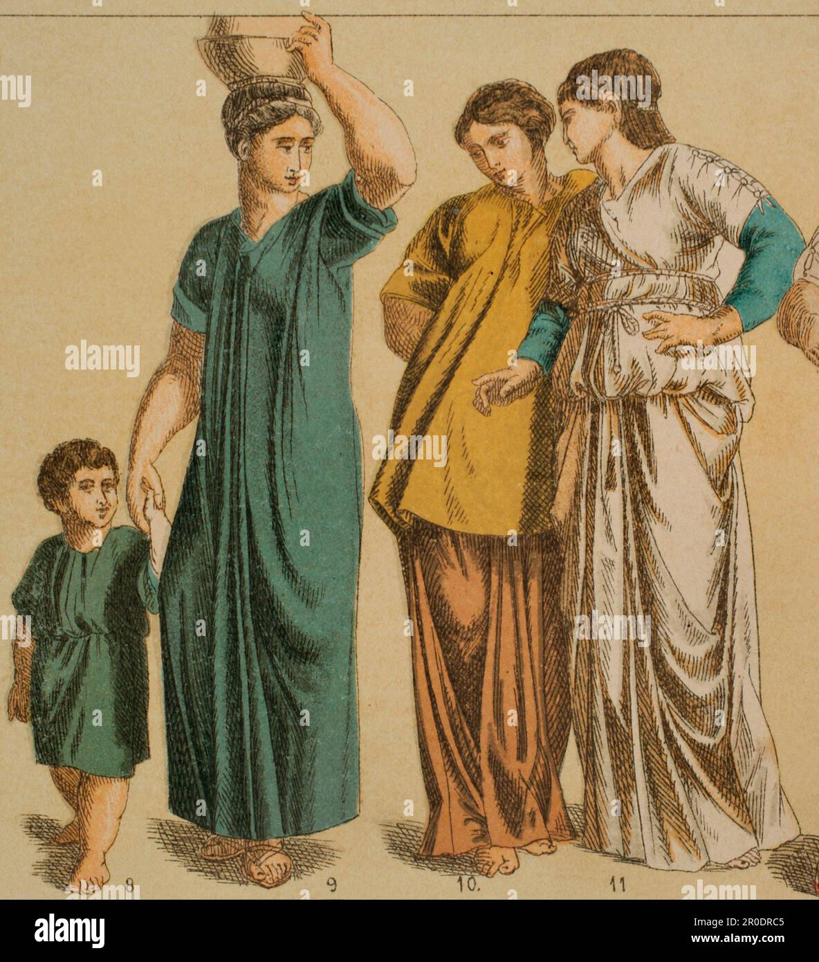 Roman Age. Costume. From left to right: 8- Boy in short-sleeved tunic, 9- Roman inner tunic, 10- Roman jacket for young people, 11- Roman woman's stole. Chromolithography. 'Historia Universal' by César Cantú. Volume II, 1881. Stock Photo