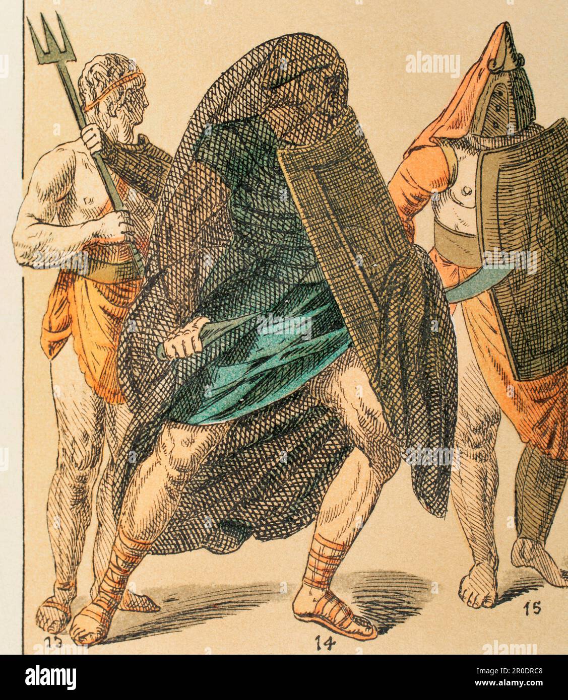 Roman Empire. Gladiators. From left to right: 13- gladiator armed with trident, 14- gladiator carrying shield and net, 15- gladiator carrying scythe, helmet and shield. Chromolithography. 'Historia Universal', by César Cantú. Volume II, 1881. Stock Photo