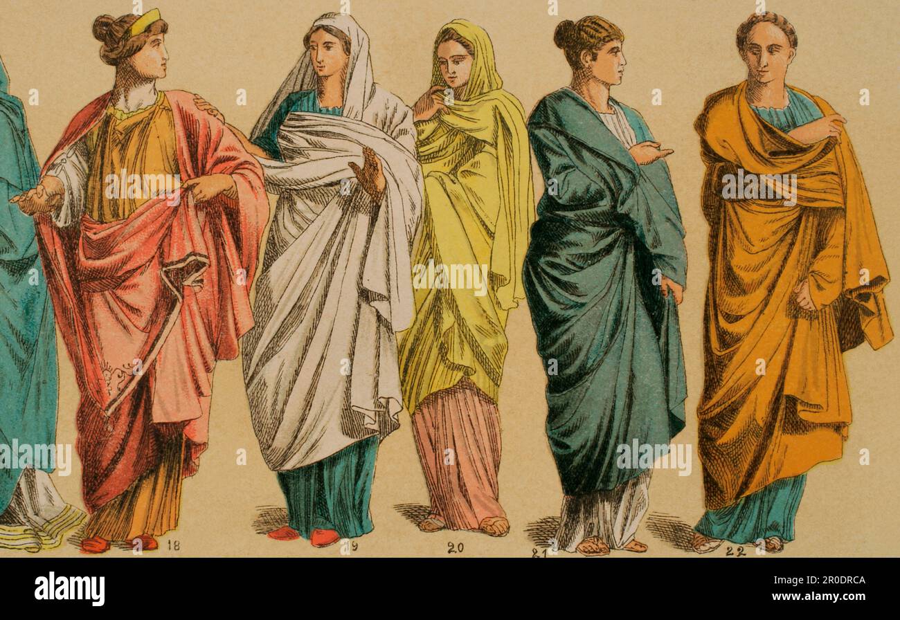 Roman Age. From left to right: 18- Roman female tunic, 19 and 20 - Roman palla (women's mantle), 21 and 22- Greek-style Roman palla. Chromolithography. 'Historia Universal', by César Cantú. Volume II, 1881. Stock Photo