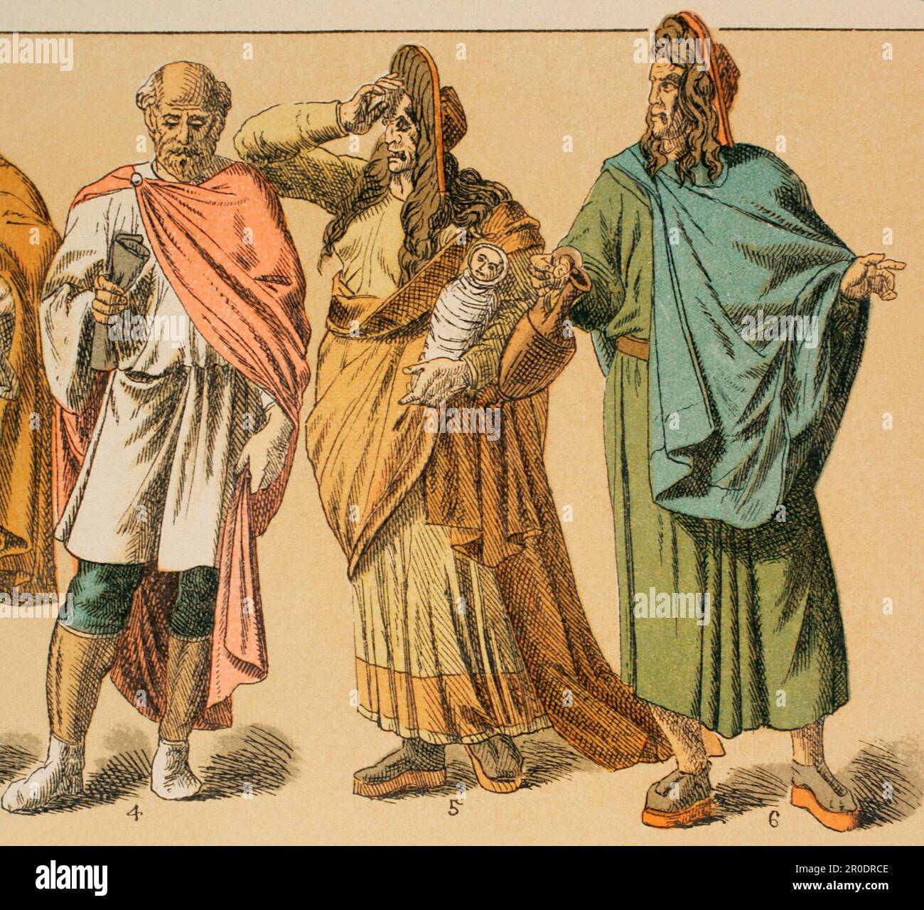 Roman times. From left to right: 4- tribune costume, 5 and 6- actors. Chromolithography. 'Historia Universal', by César Cantú. Volume II, 1881. Stock Photo