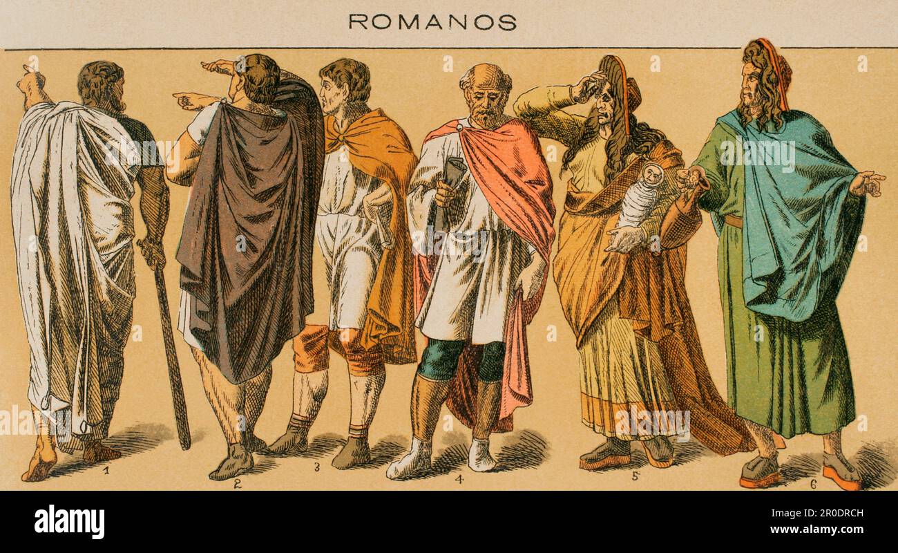 Roman times. From left to right: 1 to 4- tribune costumes, 5 and 6- actors. Chromolithography. 'Historia Universal', by César Cantú. Volume II, 1881. Stock Photo