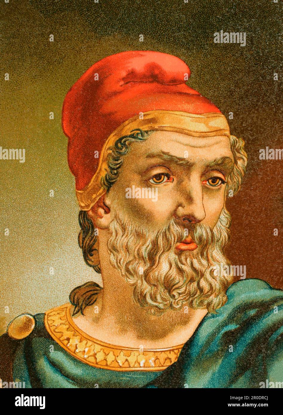 Archimedes (287 BC - 212 BC). Ancient Greek mathematician and inventor. Portrait. Chromolithography. Detail. 'Historia Universal' by César Cantú. Volume III, 1882. Stock Photo
