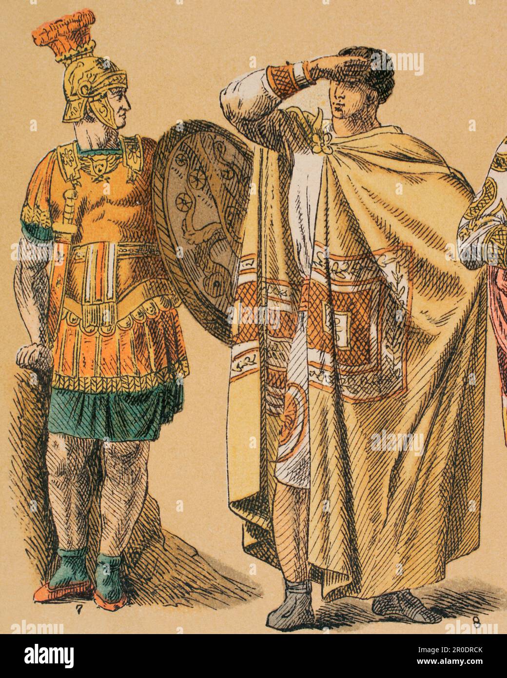 Roman Age. From left to right: 7- Roman emperor or general-in-chief, 8- high-ranking Byzantine costume. Chromolithography. 'Historia Universal', by César Cantú. Volume II, 1881. Stock Photo