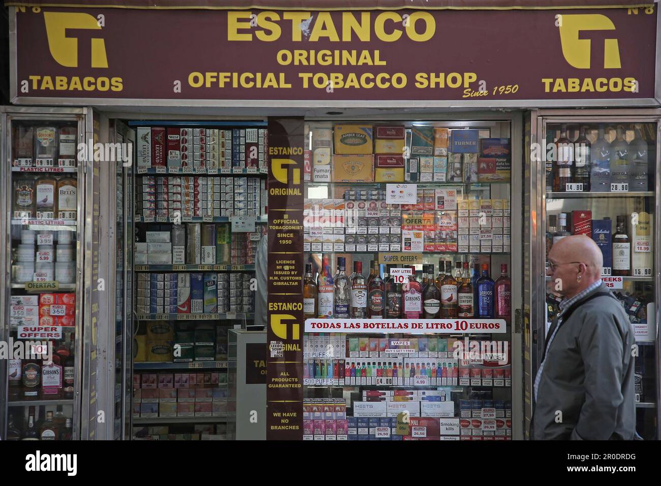 A tobacco and alcohol retail store, as of May 8, 2023 in Gibraltar. 08 MAY 2023 Nono Rico 05/06