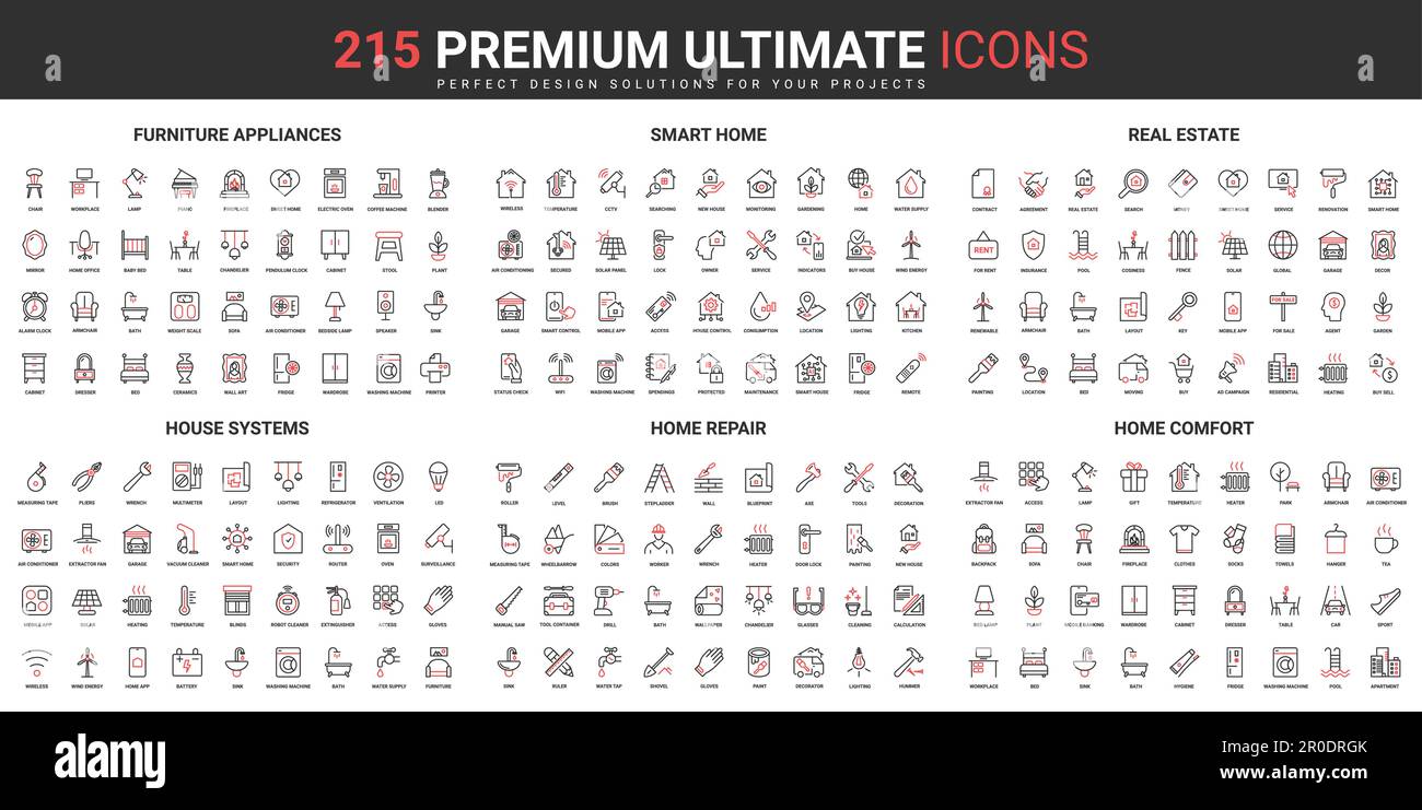 Smart home furniture and appliances, building repair thin line red