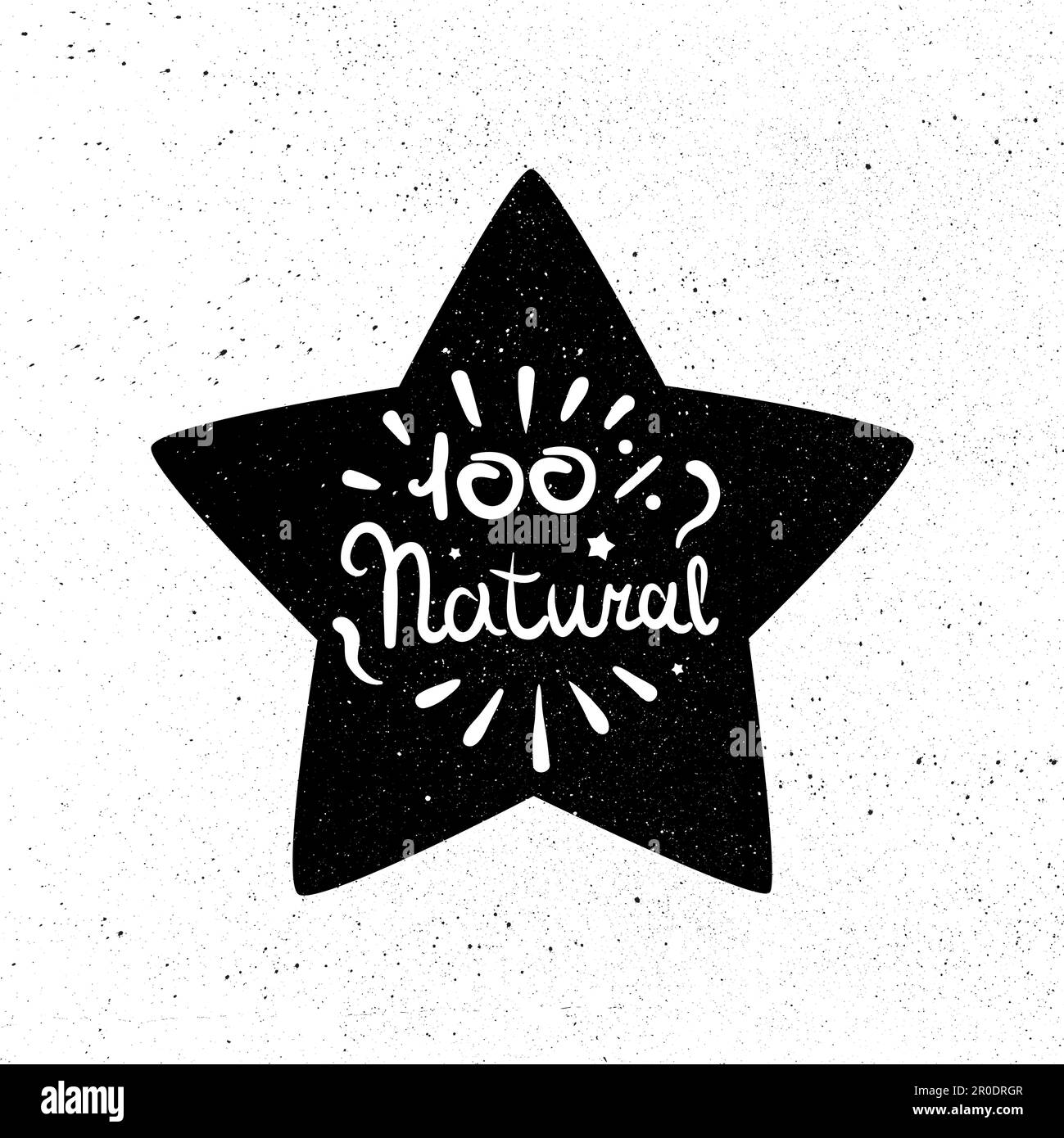 Hand drawn ecology and 100 percents natural lettering in star. Isolated grunge sticker or nature icon of quality for banner, web, card, print. Eco des Stock Vector
