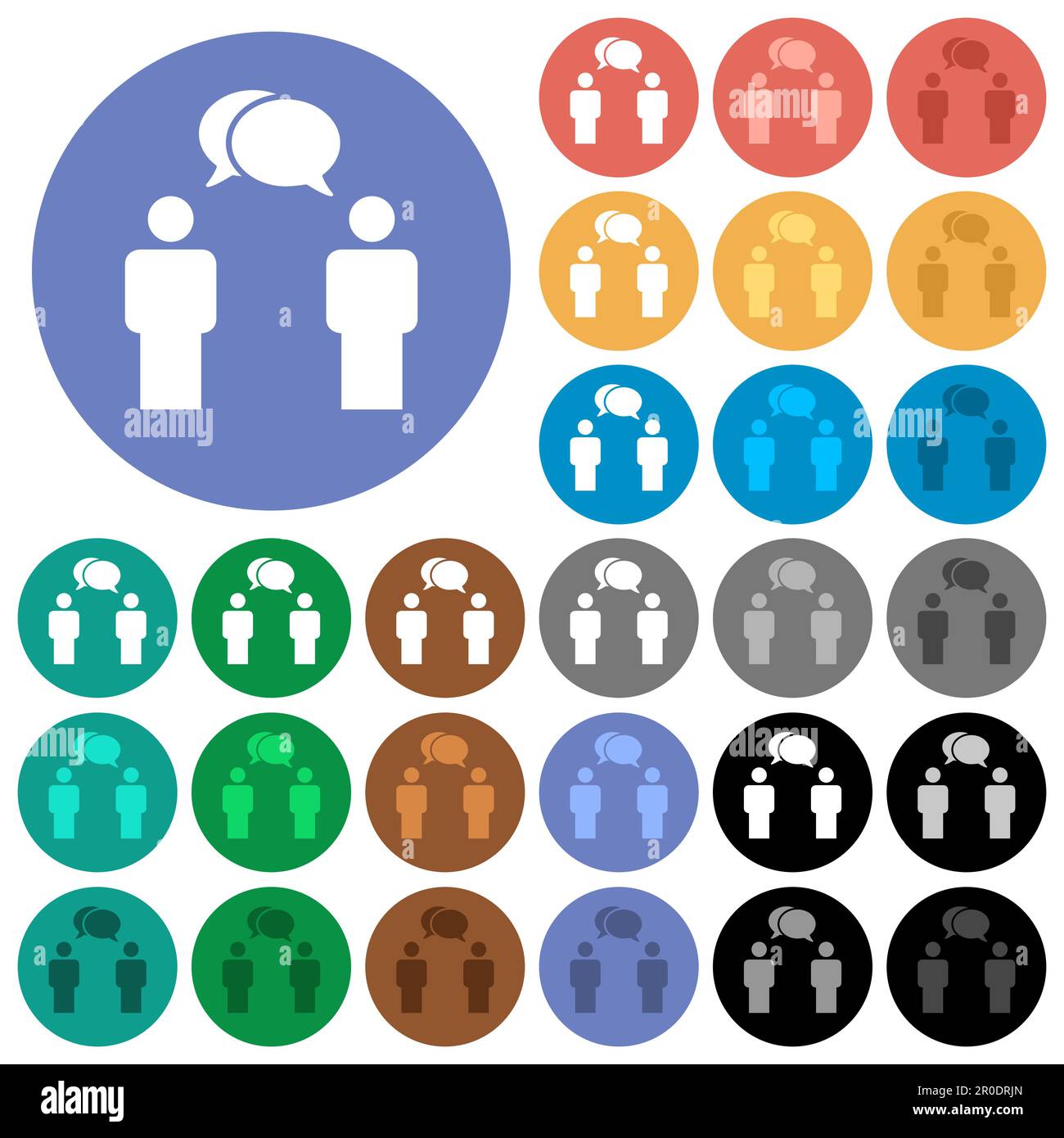 Two talking persons with oval bubbles solid multi colored flat icons on round backgrounds. Included white, light and dark icon variations for hover an Stock Vector