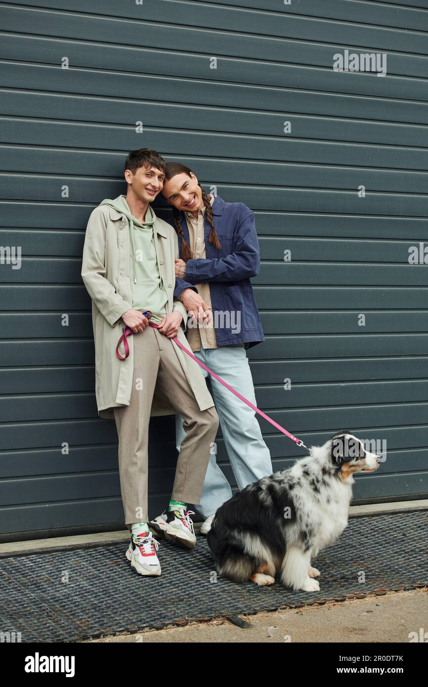 cheerful gay man in casual outfit holding leash of Australian shepherd dog  and standing next to smiling boyfriend with pigtails near garage door outsi  Stock Photo - Alamy