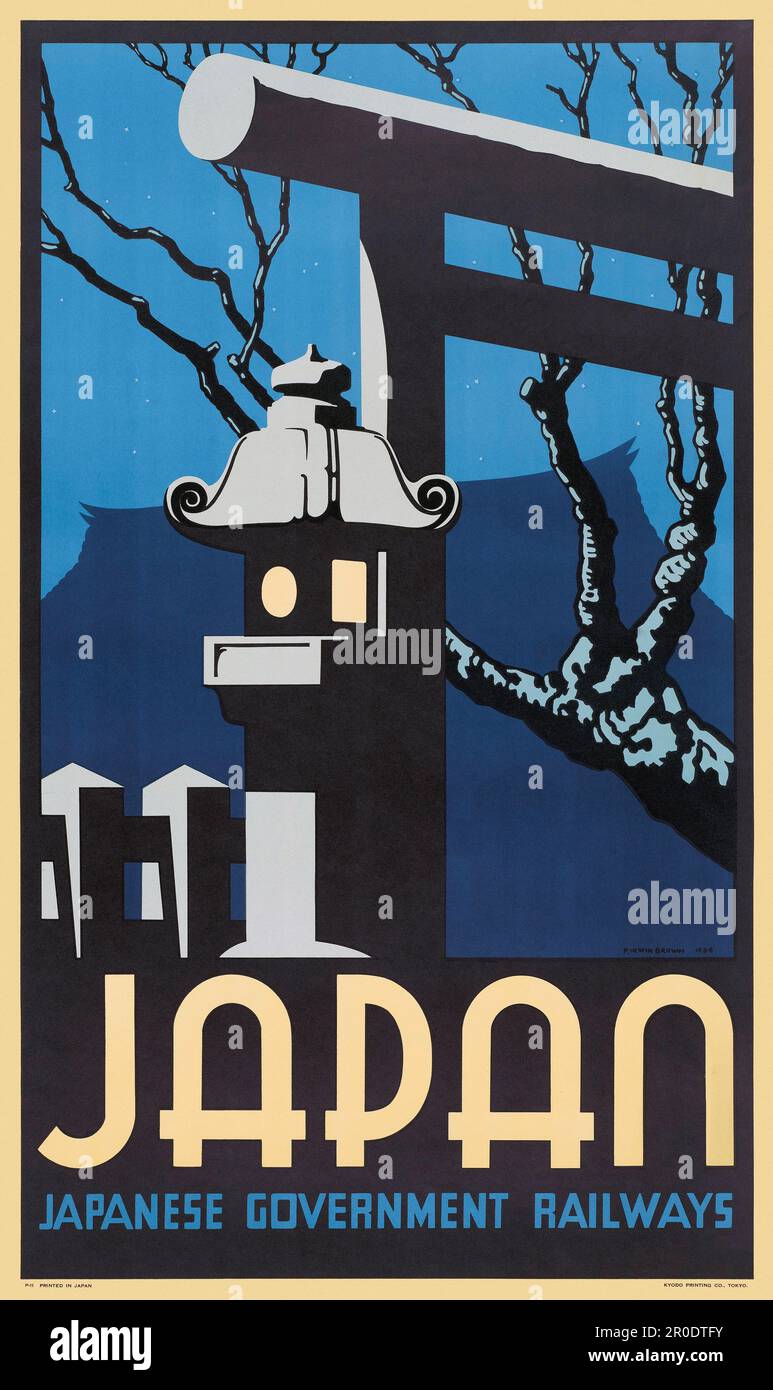 Japan. Japanese Government Railways by Pieter Irwin Brown (1903-1988). Poster published in 1934. Stock Photo