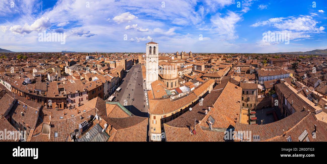 Ferrara - beautiful medieval town in Emilia Romagna Italy. aerial drone video of old historic center Stock Photo