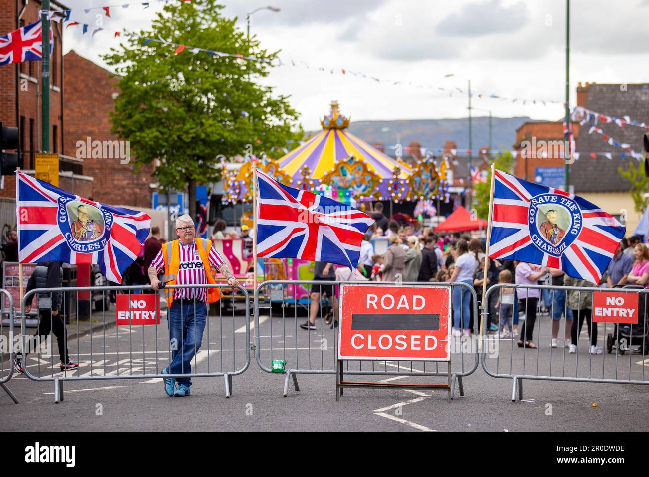 Woodstock Road in east Belfast closed off during the Kings Coronation Festival. Picture date: Monday May 08 2022. Stock Photo