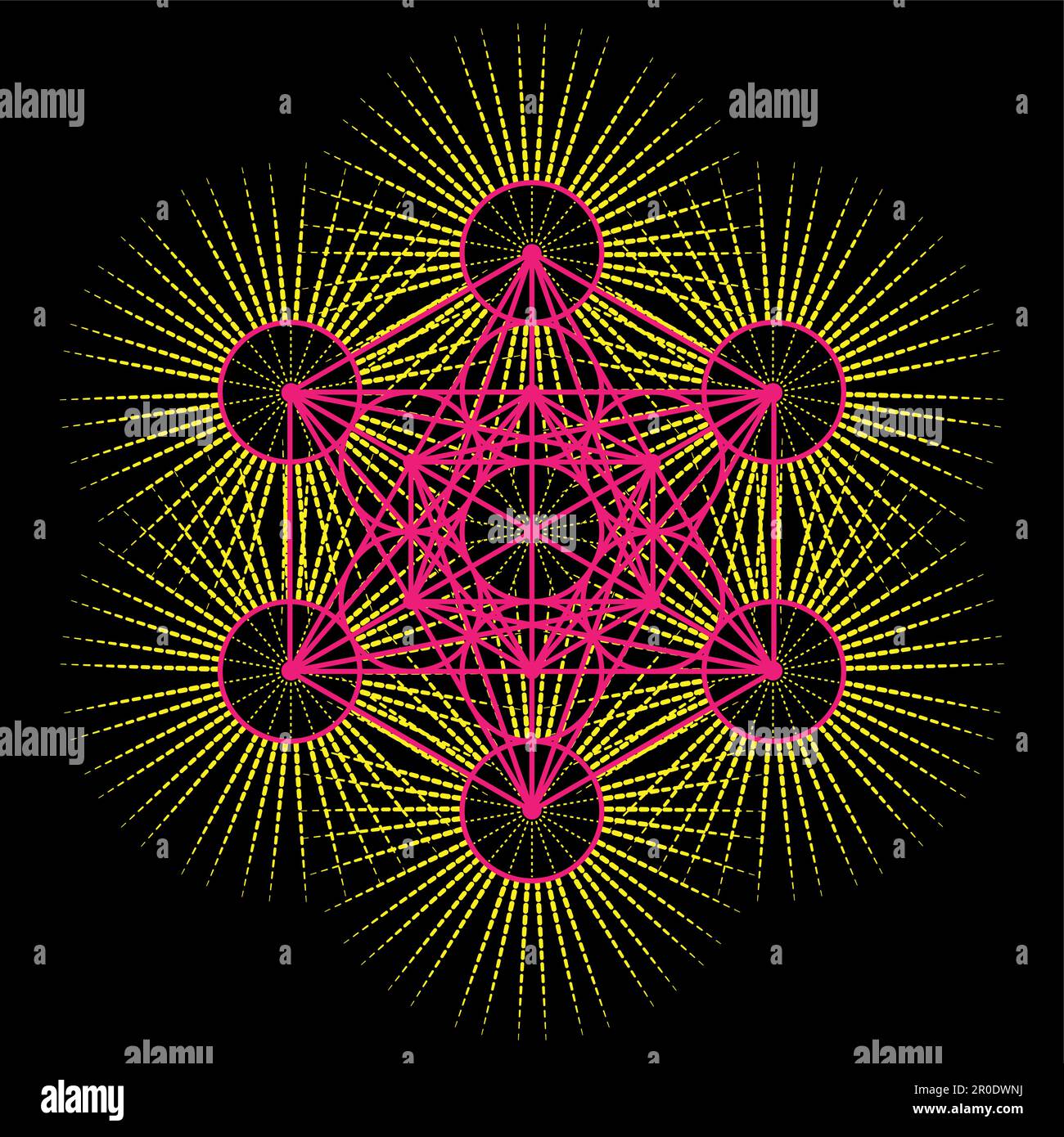 Metatron's Cube, colorful Flower of Life. Sacred geometry on radiant sun, graphic element Vector isolated Illustration. Mystic icon platonic solids Stock Vector