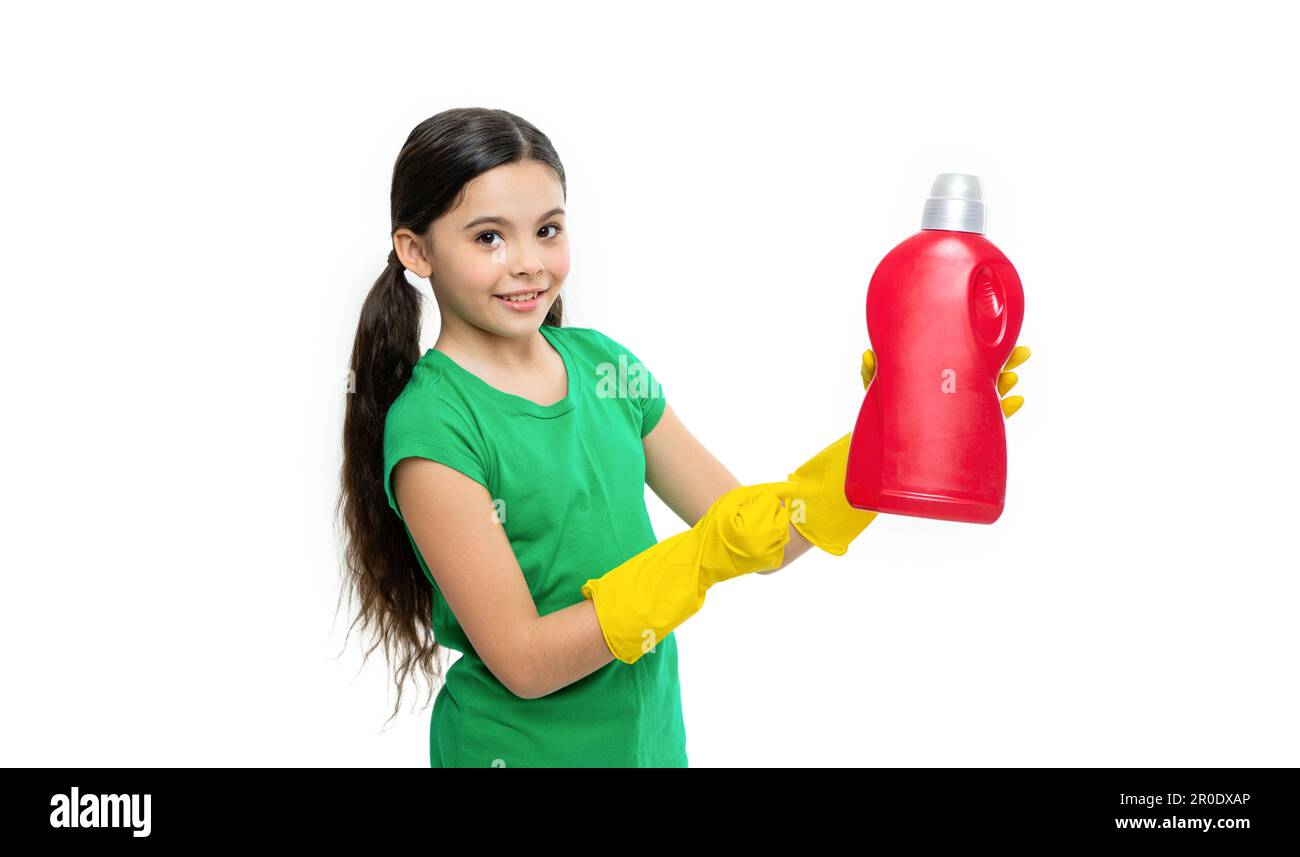 photo of happy girl with laundry detergent. girl with laundry detergent ...