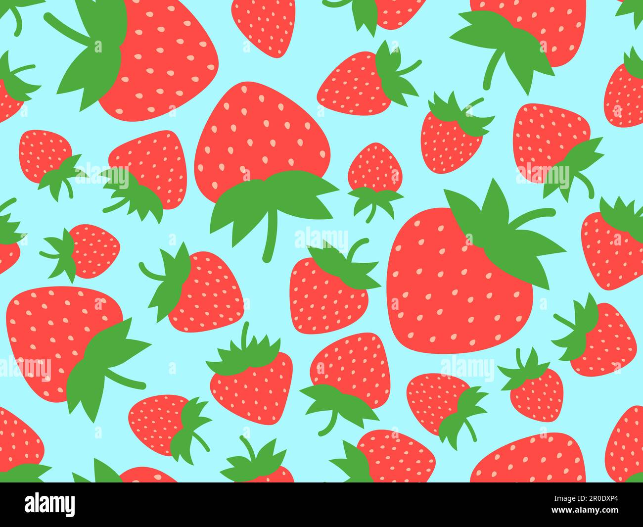 Seamless pattern with red strawberries on a blue background. Red strawberries with seeds. Sweet strawberries with green tips. Design for posters, wrap Stock Vector