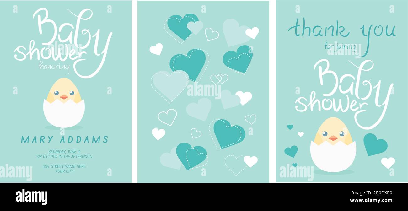 Baby shower invitation templates set. Honoring mommy to be. Invitation and thank you cards with lettering, hearts and a cute little chick in cracked e Stock Vector