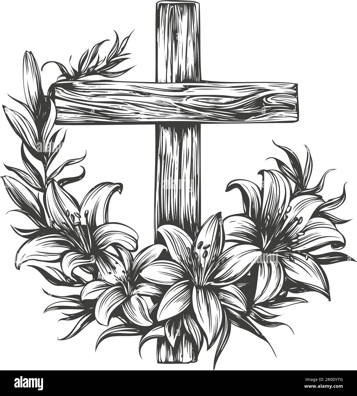 Happy easter, wooden cross and floral blooming lilies, Easter. symbol of Christianity hand drawn vector illustration sketch. Stock Vector