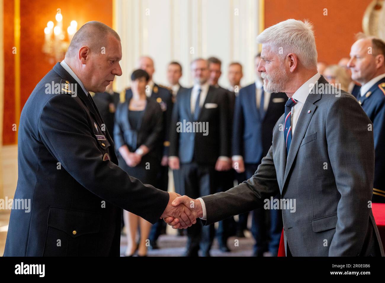 Prague, Czech Republic. 08th May, 2023. Czech President Petr Pavel, right, appointed new generals on the occasion of Victory Day, on May 8, 2023, at the Prague Castle, Czech Republic. On the photo President promotes the director of Valdice prison, Jiri Mach, to the rank of brigadier general. Credit: Ondrej Deml/CTK Photo/Alamy Live News Stock Photo