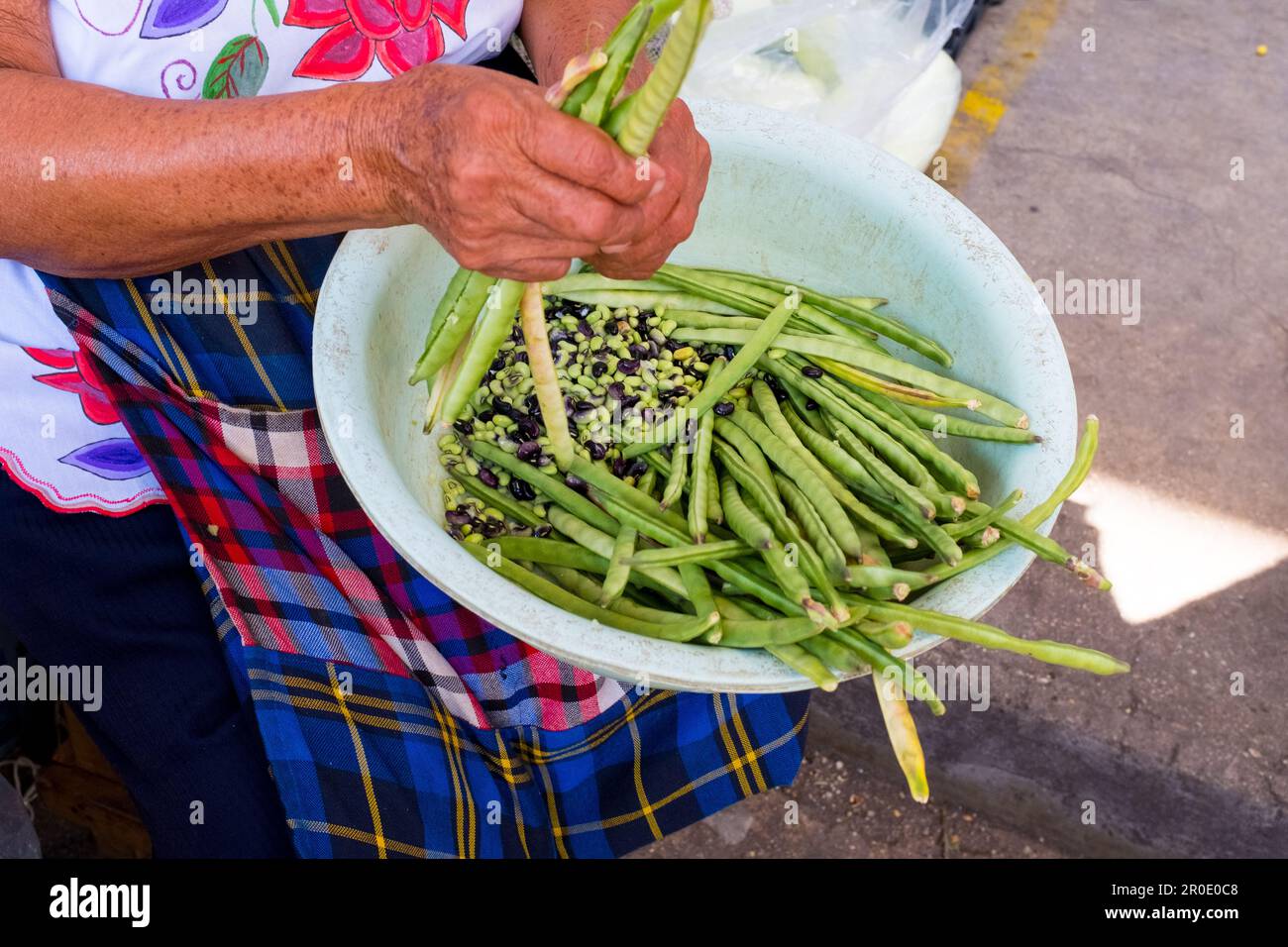 Woman sorting green beans at market, Merida Mexico Stock Photo - Alamy