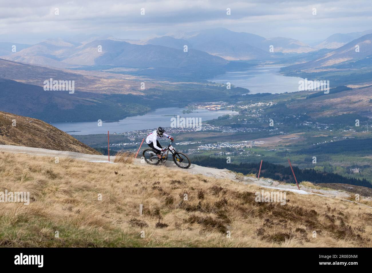 Fort William UCI World Cup track, Scotland, UK - with views of Fort William, Loch Linnhe and Loch Eil behind Stock Photo
