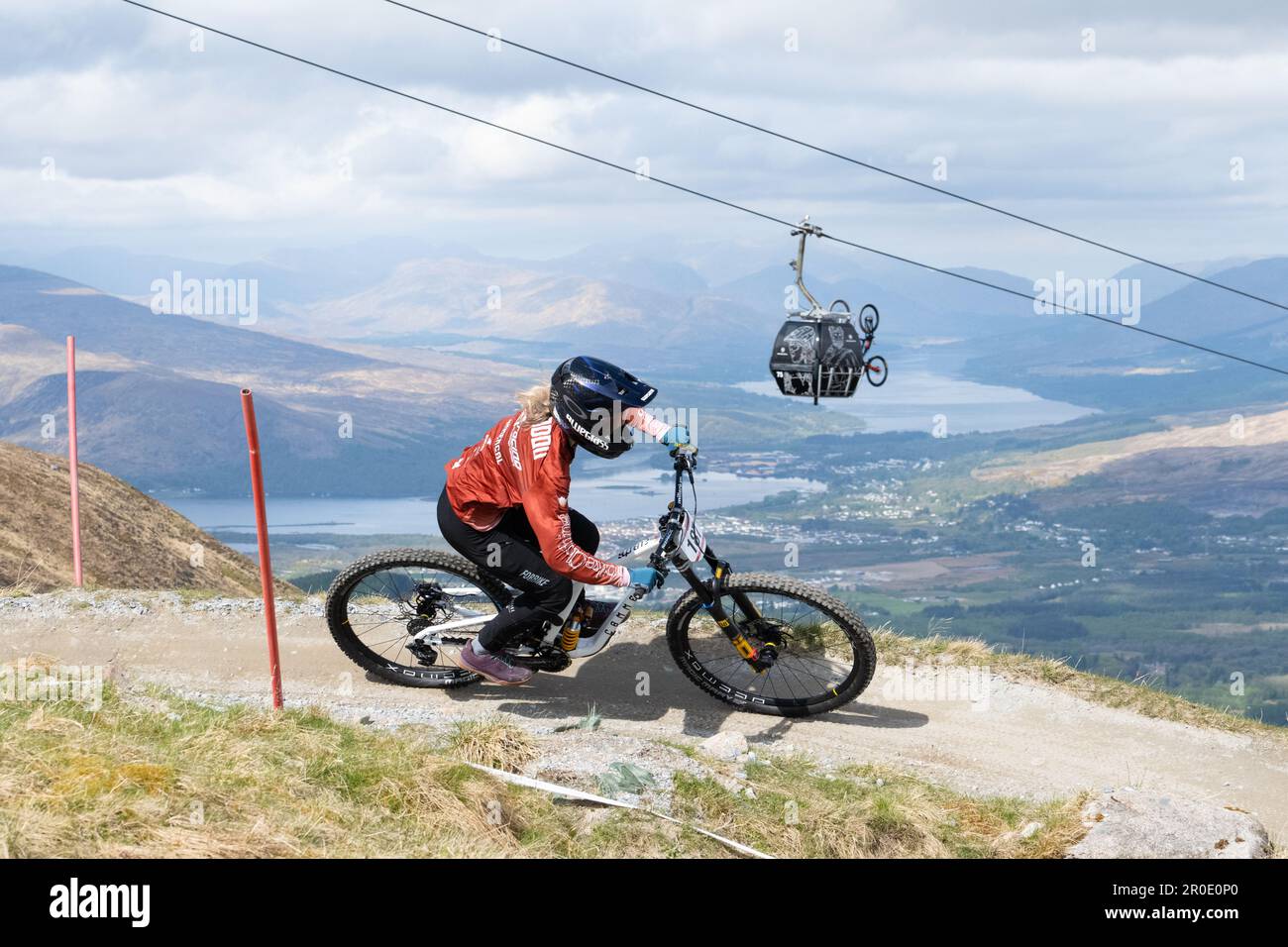 Lisa Bouladou - French junior womens downhill mountain biker - during 2023 British and Scottish Cycling DH National Series practice run, Fort William, Stock Photo