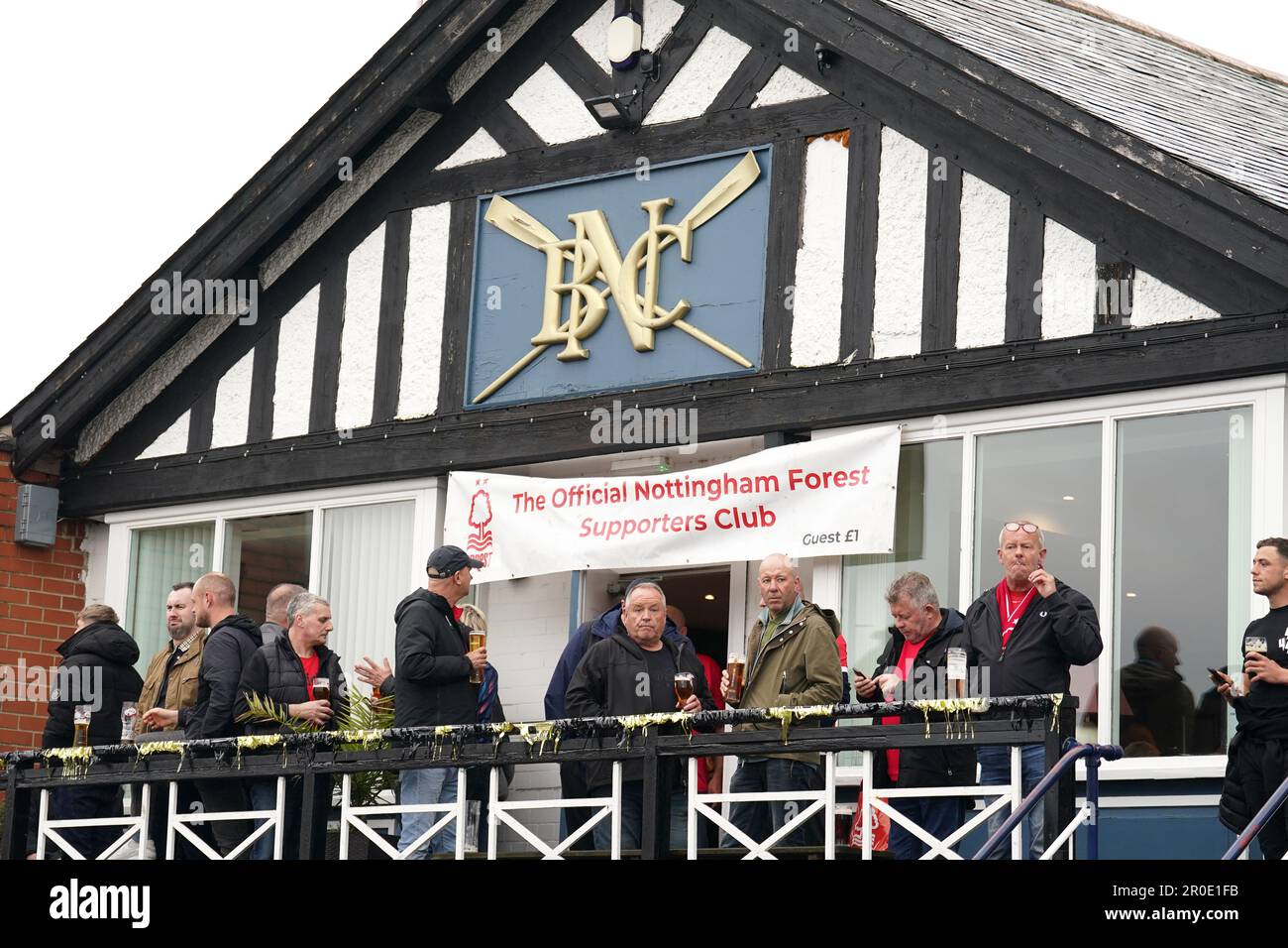 Nottingham Forest fans have a drink at The Boat Club ahead of the Premier League match at City Ground, Nottingham. Picture date: Monday May 8, 2023. Stock Photo