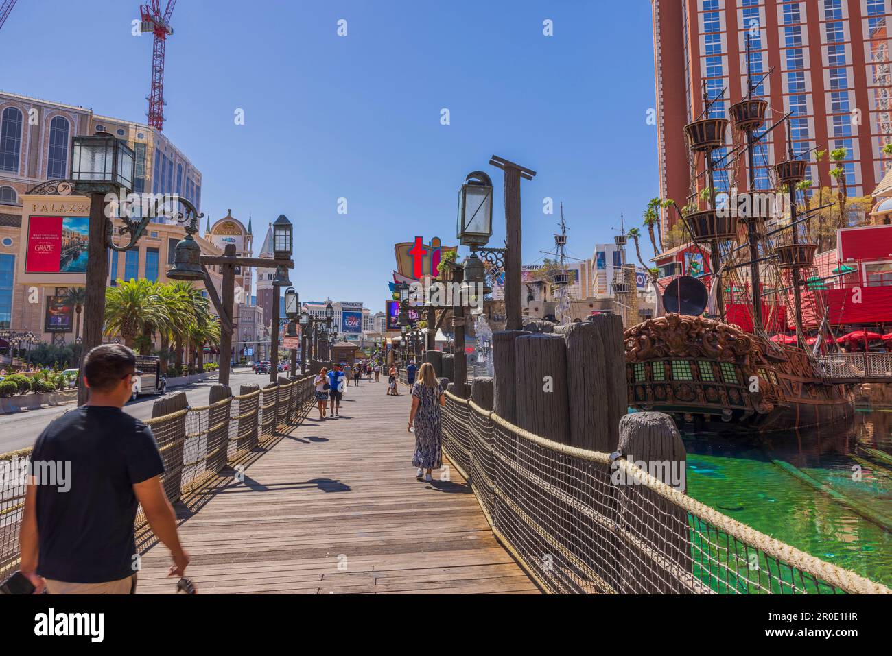 View of pedestrian road along strip near casino hotel Treasure Island. Las Vegas. USA. Stock Photo