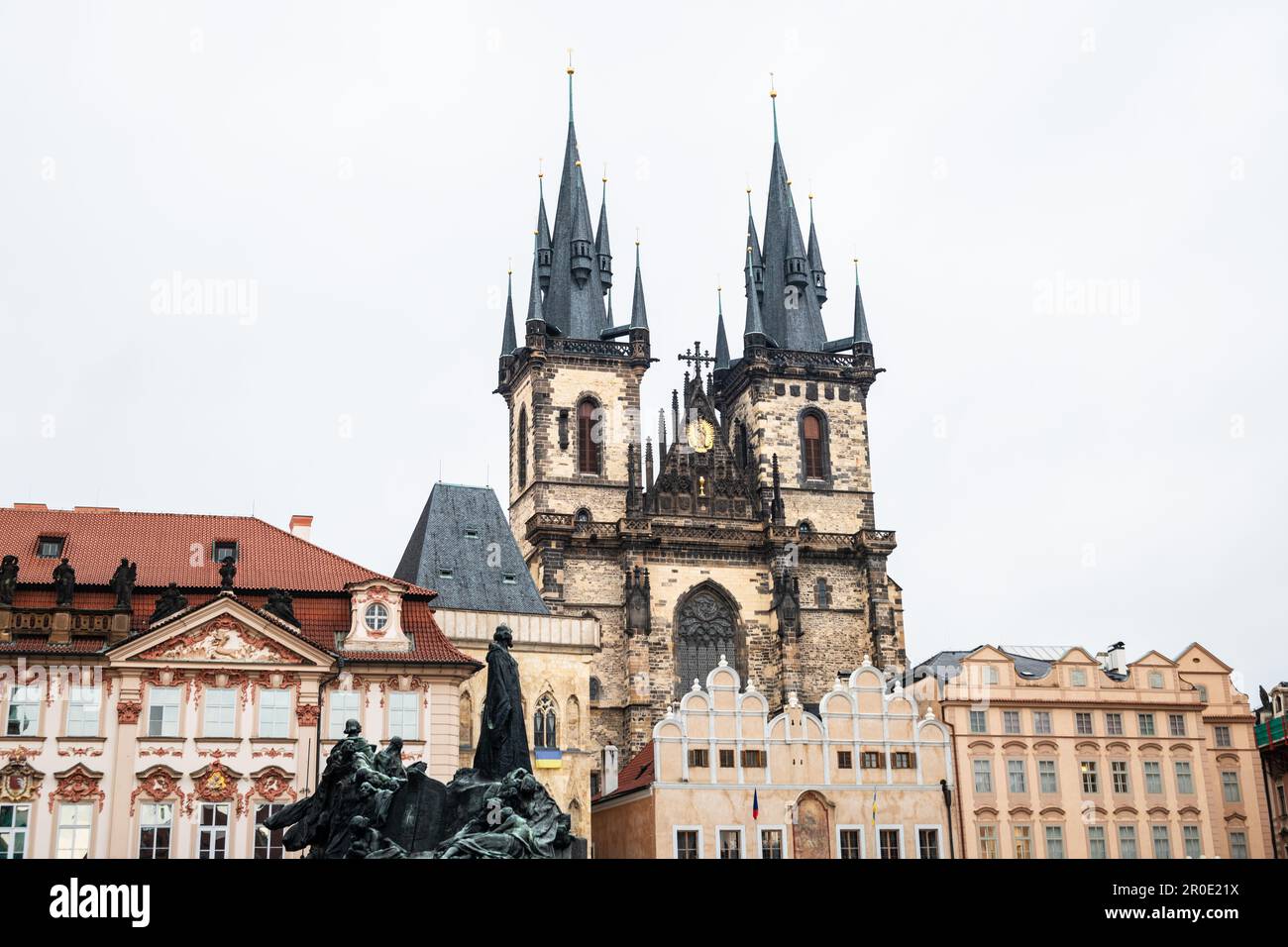 Low-angle view of the Church of Our Lady before Tyn in Prague against a cloudy sky. Stock Photo