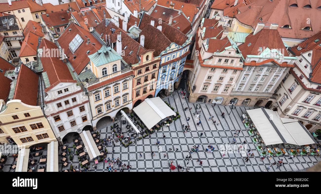 PRAGUE, CZECH REPUBLIC - AUGUST 24, 2022: Aerial view of a crowded Old Town of Prague, capital of the Czech Republic. Stock Photo