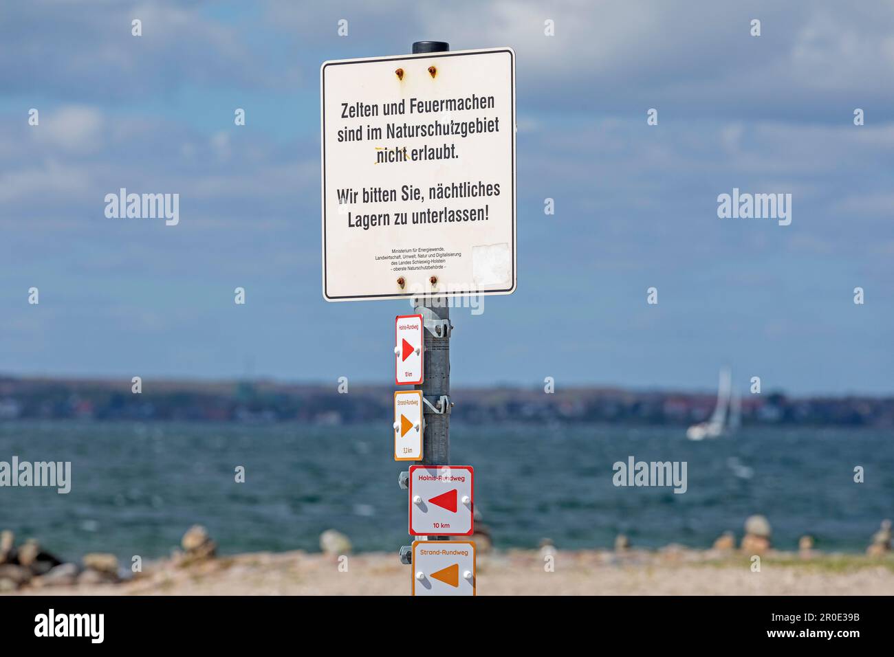 Prohibition sign at the most Northern point of the German mainland in view of Denmark, sailing boat, Baltic Sea, Holnis Peninsula, Schleswig-Holstein, Stock Photo