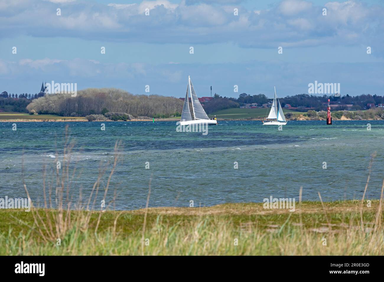 Most Northern point of the German mainland in view of sailing boats off Denmark, Baltic Sea, Holnis Peninsula, Schleswig-Holstein, Germany Stock Photo