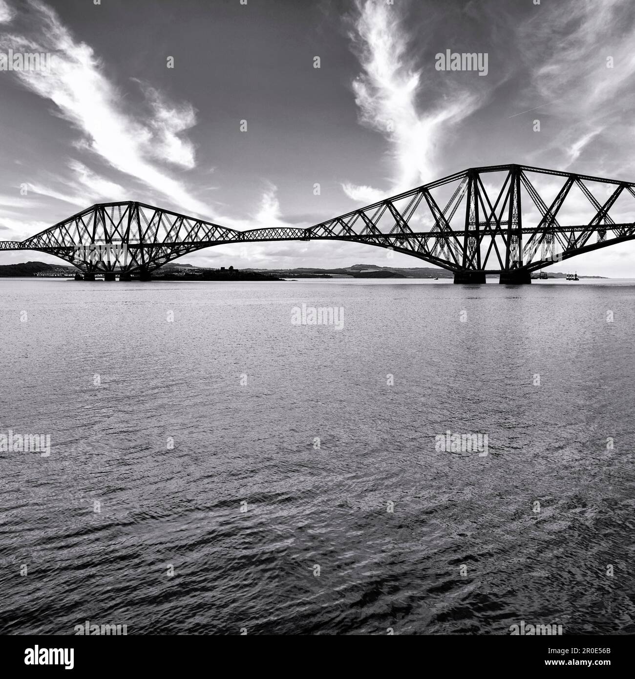 Forth Bridge, steel cantilever bridge, double track railway bridge over the Firth of Forth, monochrome, South Queensferry, Edinburgh, Scotland Stock Photo