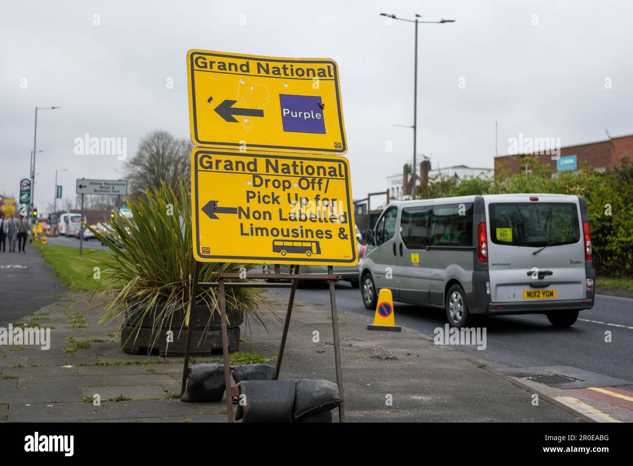 Road signs on display for the Aintree Grand National Traffic 2023 Stock