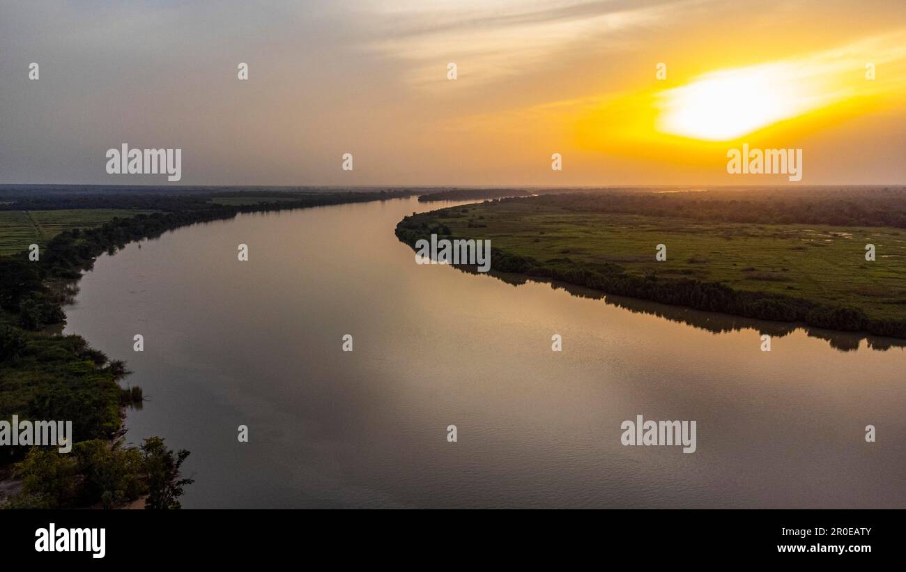 Evening light over River Gambia National Park, Gambia Stock Photo