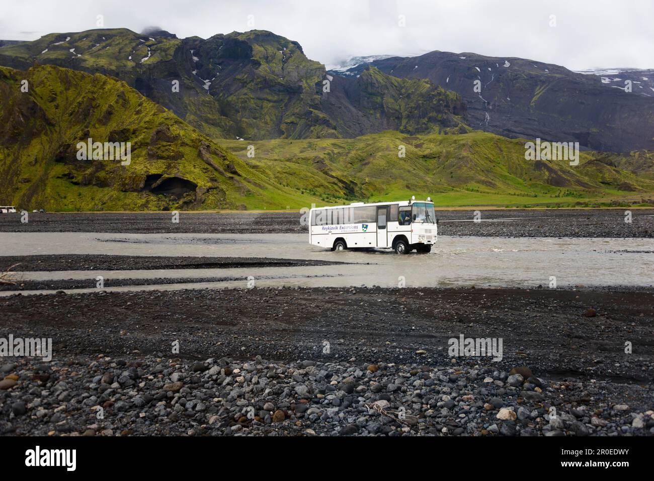Bus, Krossa River, Porsmork, Iceland, Porsmoerk Stock Photo